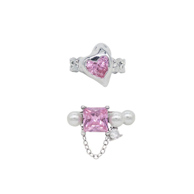 Korean-style metal liquefied girl pink heart-shaped zircon chain opening cold style ring, fashionable and versatile Item Picture