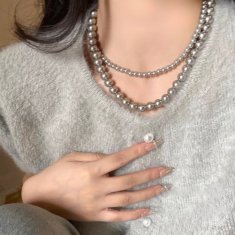 So many grey pearl necklaces, 2023 new autumn and winter sweater chain accessories, French collarbone chain Specification drawing