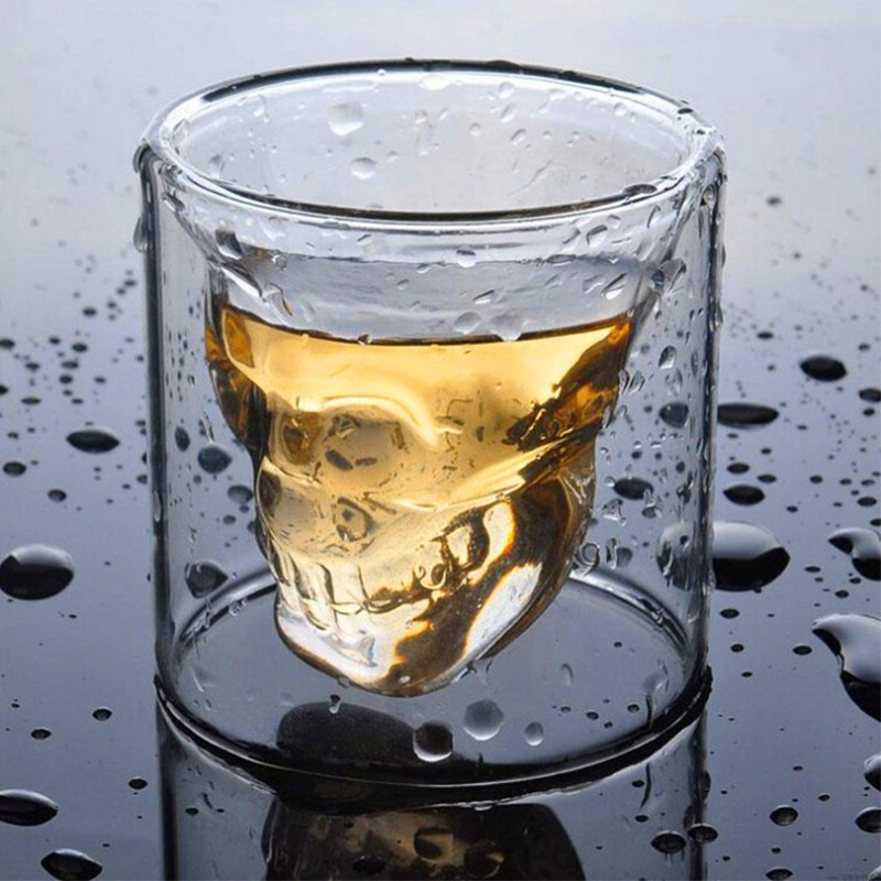 Wholesale glass wine glasses, household water cups, glass cups, cross-border double-layer skull cups, anti-drop, high appearance level cups, ins style full figure