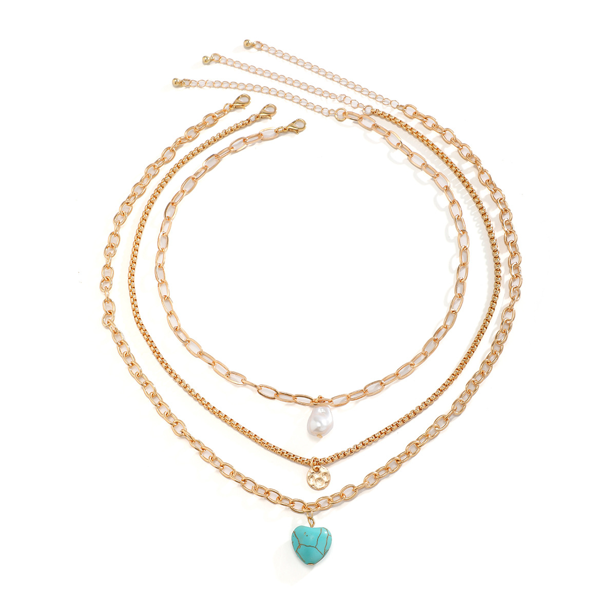 European and American cross-border jewelry, ethnic Baroque style imitation pearl necklace, women's retro and versatile turquoise heart-shaped necklace Item Picture