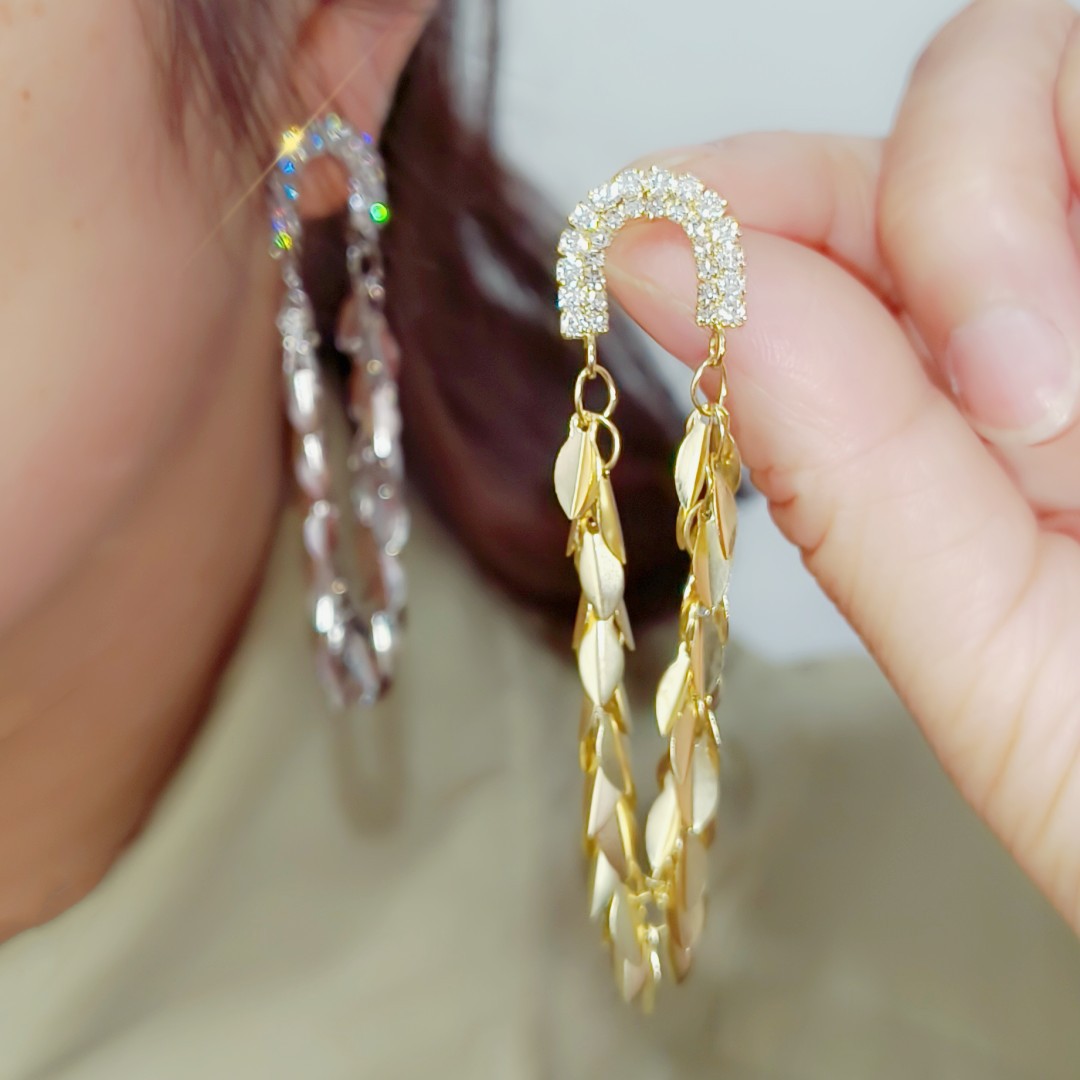Cross-border European and American style metallic texture leaf tassel geometric zircon stud earrings, ins trendy and high-end earrings and pendants full figure