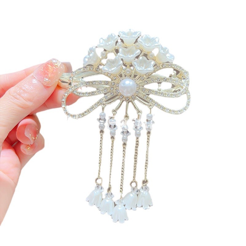New high-end lily of the valley tassel hair clip, women's light luxury style, twist clip, back of the head spring clip hair clip Item Picture