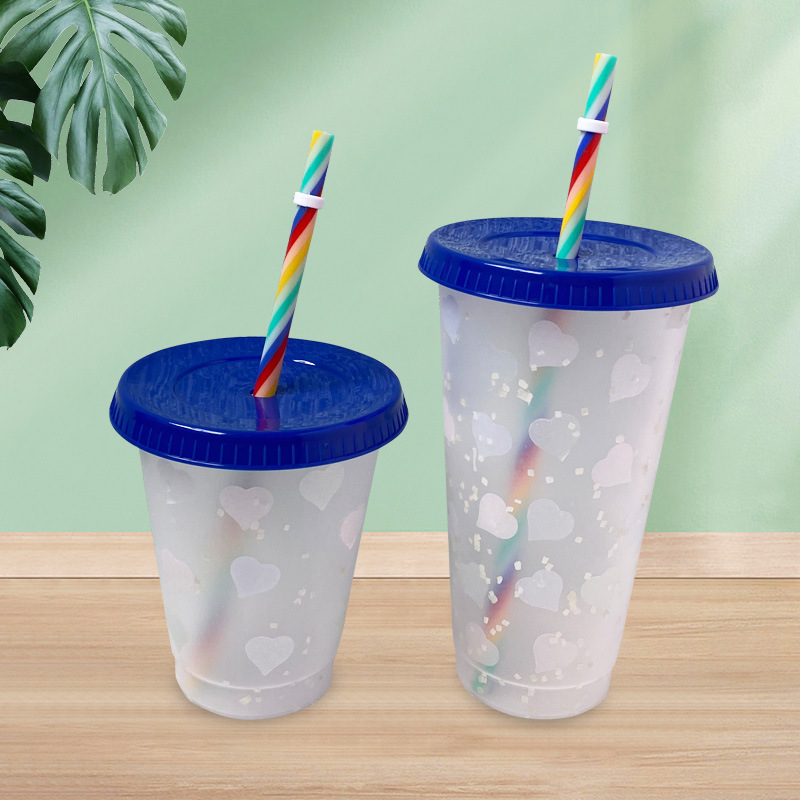 【 Processing and Customization 】 Heart-shaped Color-changing cup, cold-changing cup, Large plastic cup with straw, DIY plastic cup manufacturer Specification drawing