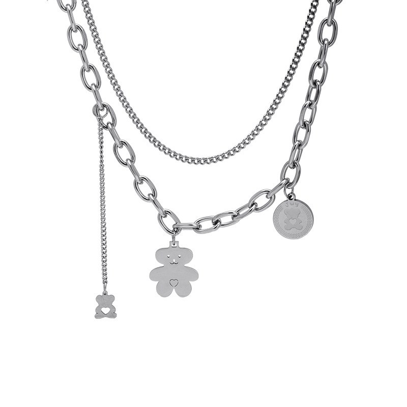 Double-layered bear light luxury necklace for women, Instagram hip-hop hot girl, niche design sense, collarbone chain, cold style, layered accessory Item Picture