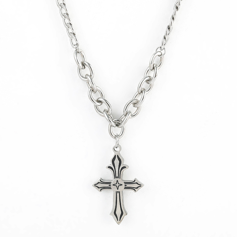 Cool and trendy titanium steel cross necklace, men's hip-hop personality long pendant accessory Item Picture