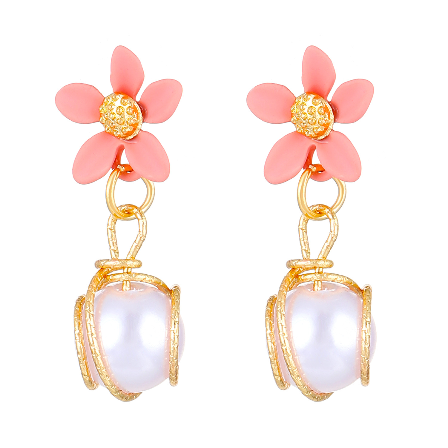 Forest-style fresh and delicate pearl small flower stud earrings, pink and yellow flower earrings, spring and summer pastoral style earrings Item Picture