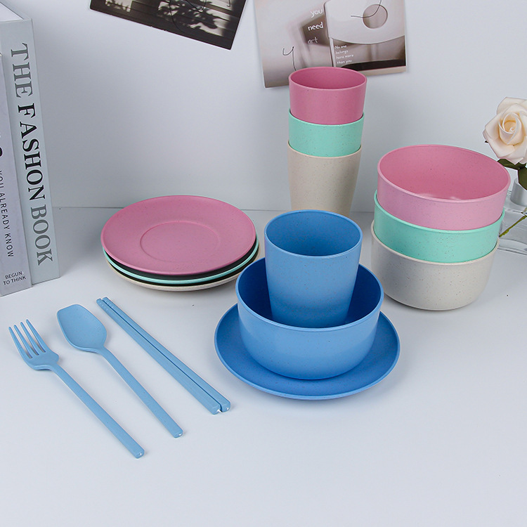 Cross-border Amazon wheat bowl, cup and plate portable tableware, paper box packaging, knife, fork, spoon, salad plate set, gift set details Picture