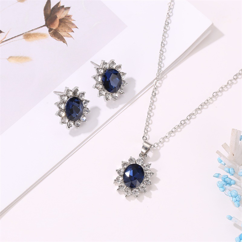 European and American fashion set jewelry sunflower zircon stud earrings, the same style as Kate Middleton's Tanzanian sapphire necklace pendant full figure