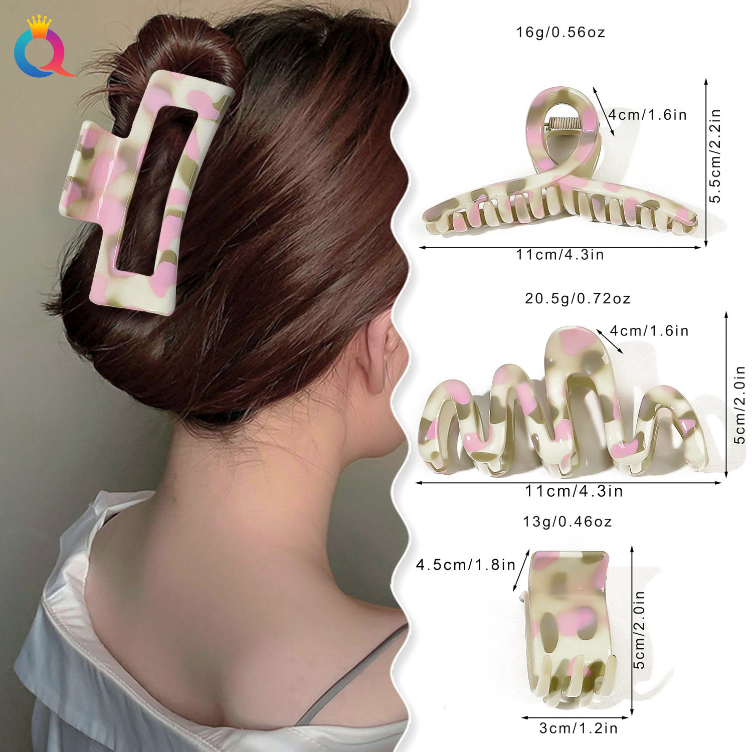 Wholesale of Qiyue Cross-border water-spun printed hair clips, large updo hair clips, shark clips, high-end color-sensing dot clips, and hair accessories details Picture