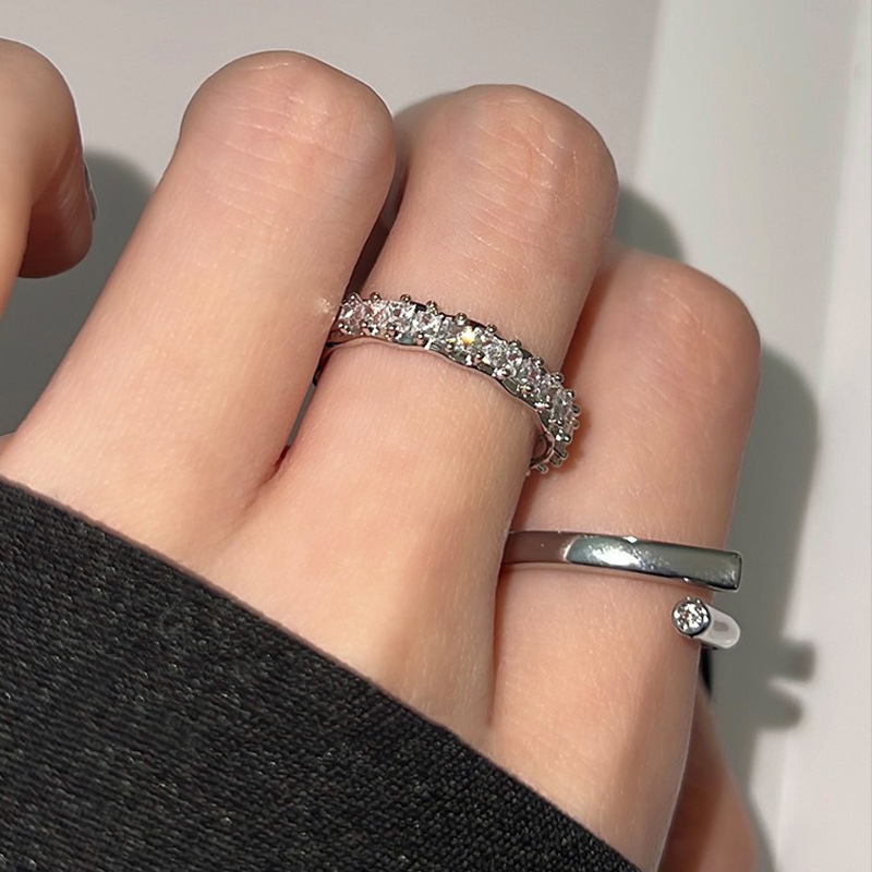 Minimalist opening adjustable plain ring, women's niche design, ins cold style set, zircon full diamond food ring full figure