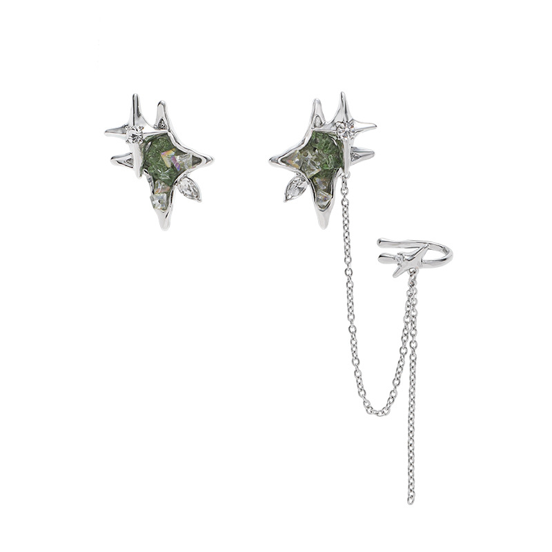 Original design green four-pointed star gradient earrings, a niche and high-end feel, fresh earrings, fashionable and light luxury earrings wholesale Item Picture