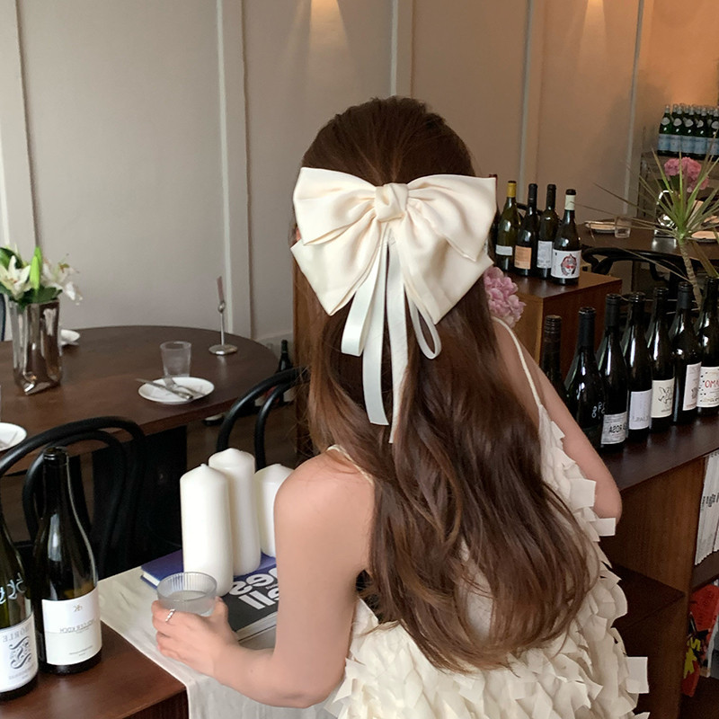2025 New white ribbon bow hair clip for women, a high-end Korean oversized spring clip at the back of the head full figure