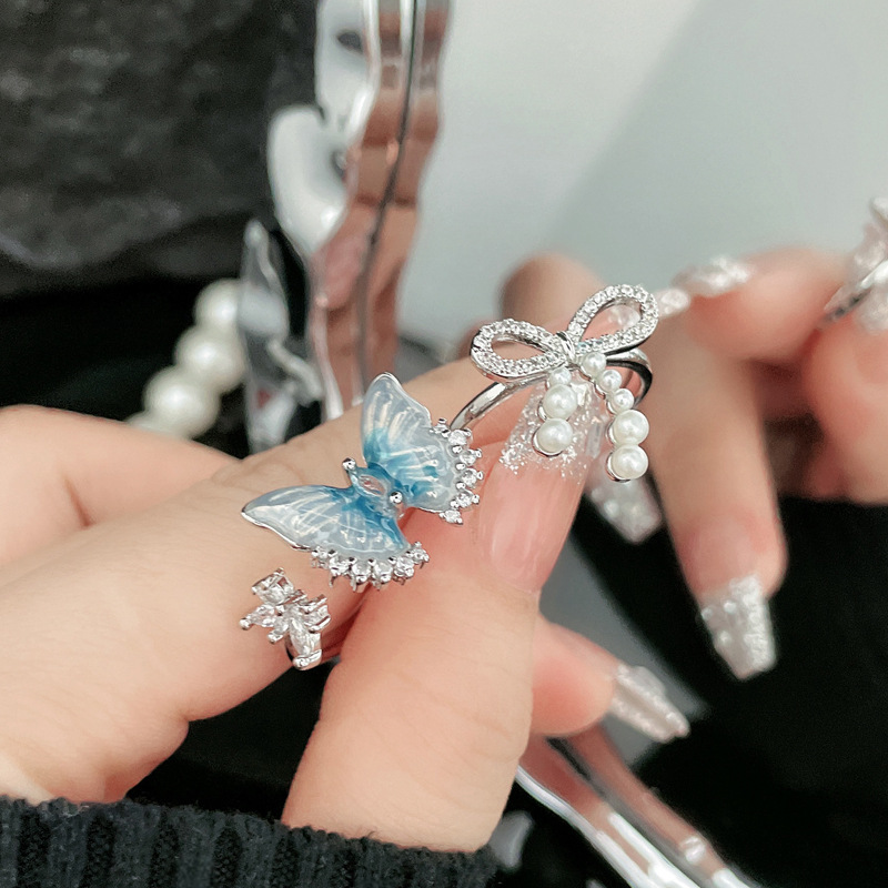 Summer ice blue butterfly, fresh, sweet and cool open ring, women's bow, pearl, light luxury, cold style, niche ring full figure