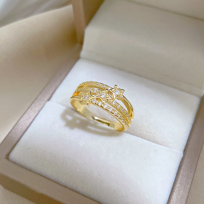【 Real Gold 】 Three-layer star-studded ring with adjustable opening, simple Japanese-style bracelet, couple rings details Picture