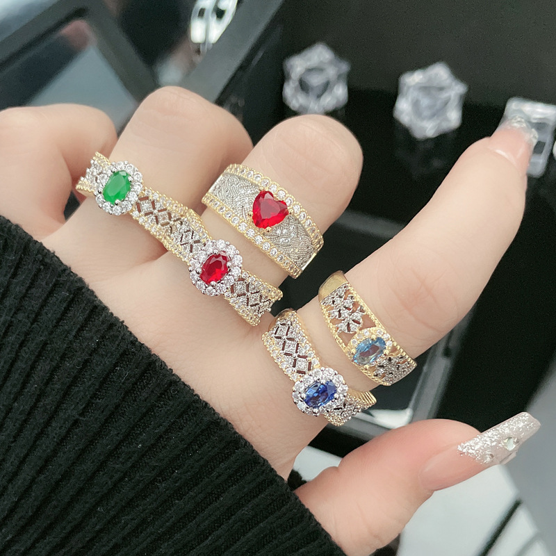 European and American cross-border colored gemstone vintage hollowed-out fashionable open ring for women to wear in layers, retro, individual, niche and high-end style ring Specification drawing