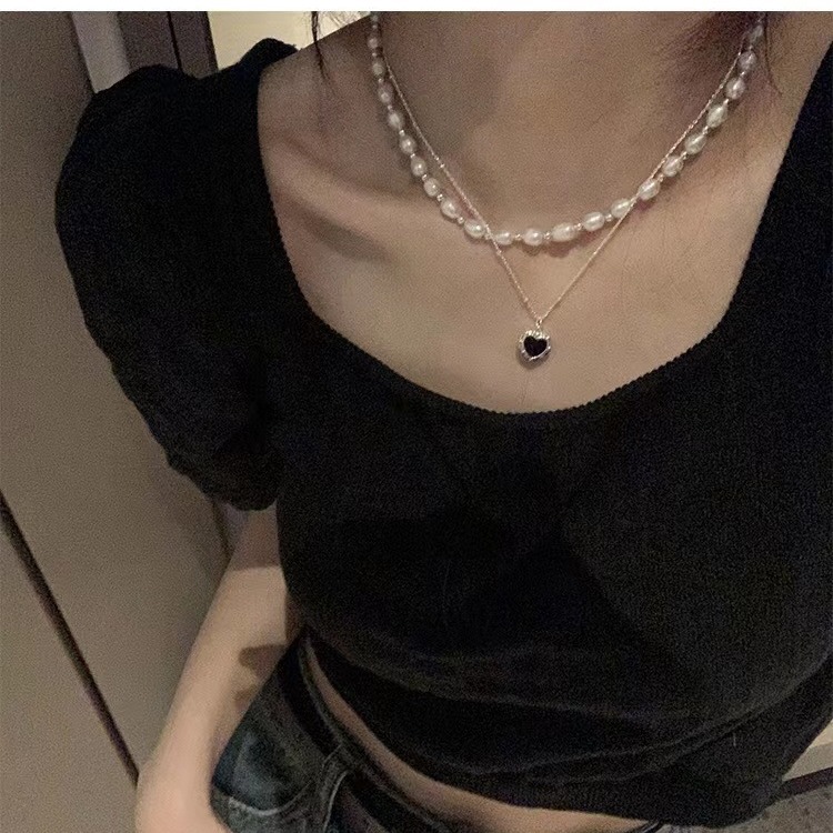 A new double-layer black heart-shaped pearl necklace from South Korea, detachable, retro Hong Kong-style fashionable neckchain and collarbone chain Specification drawing