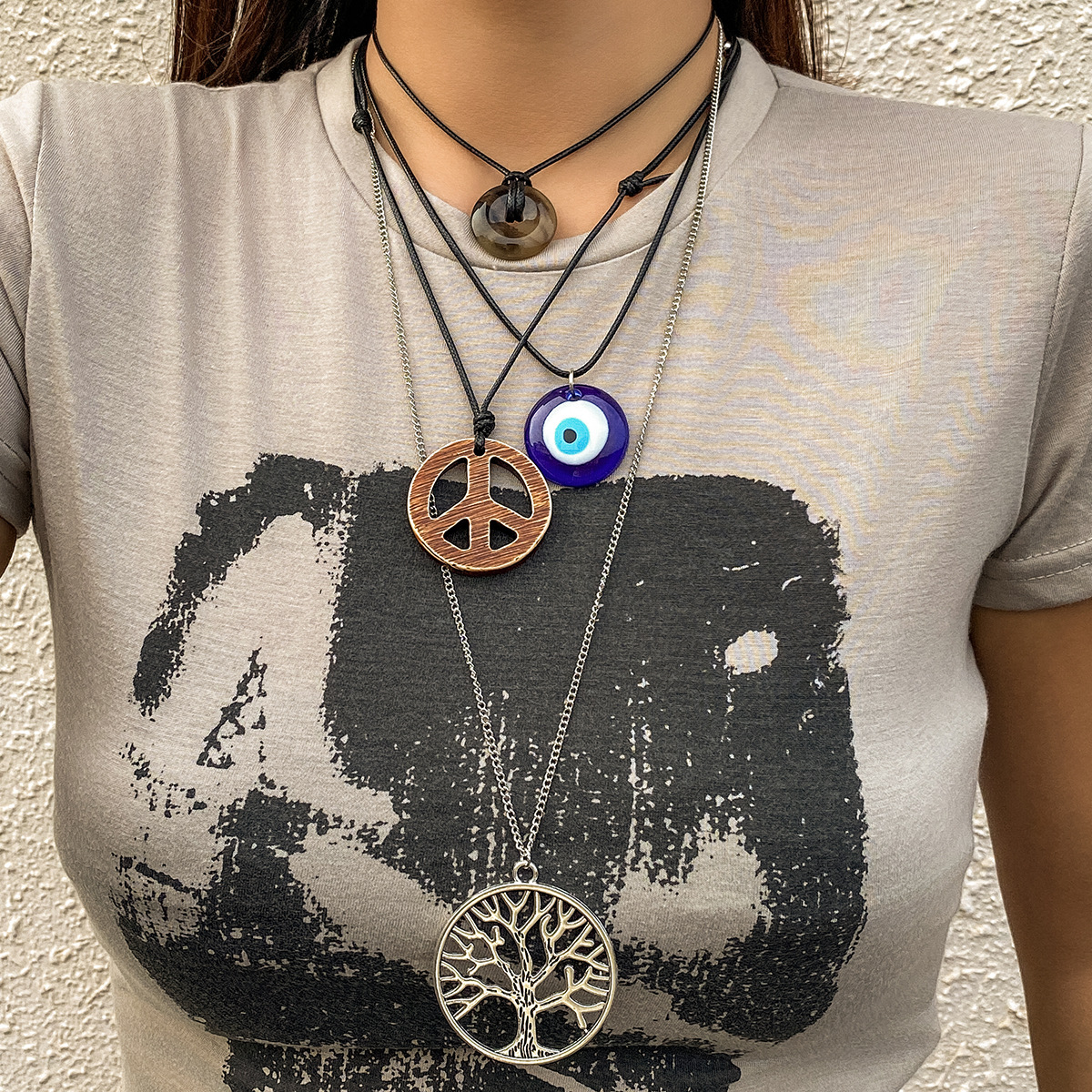 European and American cross-border new Chinese-style retro life tree set necklace, versatile women's wish tree Haraju-style peace pendant necklace Specification drawing
