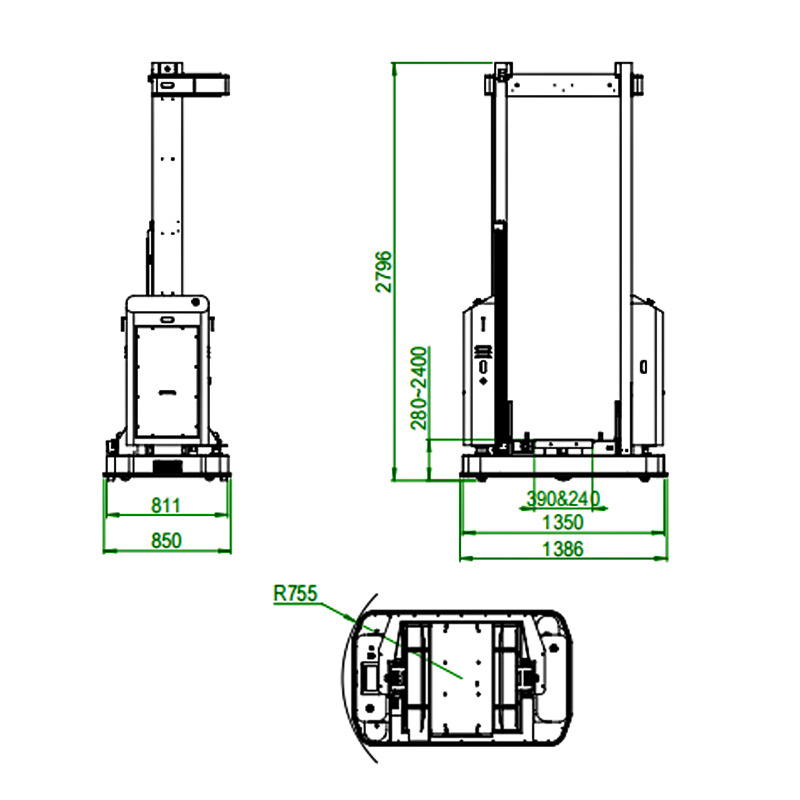 The lifting, telescopic, fork-picking automatic loading and unloading, inbound and outbound intelligent AGV trolley with a load capacity of 150kg Specification drawing