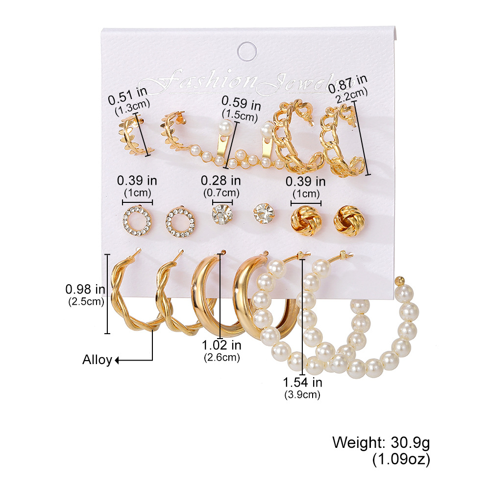 A new batch of 9-piece creative French retro gold earrings set with pearl inlays for cross-border women from Europe and America details Picture