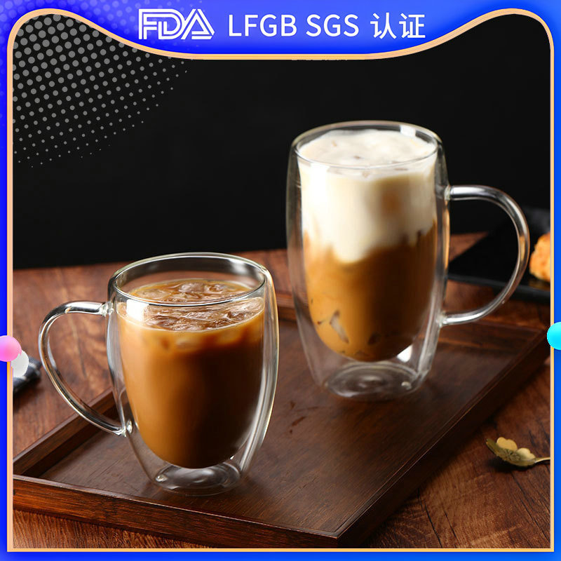Heat-resistant double-layer glass cup, high appearance level, high borosilicate handle, can be printed with logo, portable coffee cup full figure