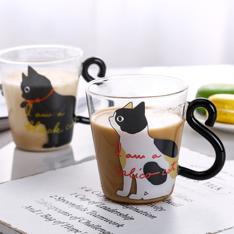 Household cartoon cat cups, popular high borosilicate glass cups with handles, couple water cups, children's milk coffee cups Specification drawing