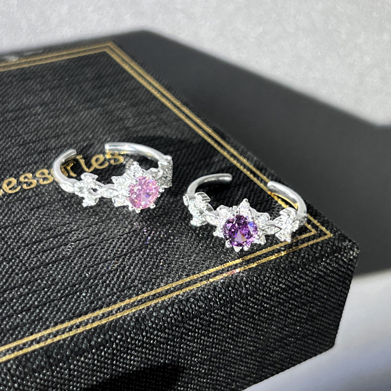 A sweet and fashionable new style of pink, purple and diamond layered light luxury open ring for women, simple and individual, niche micro-set trendy ring Specification drawing