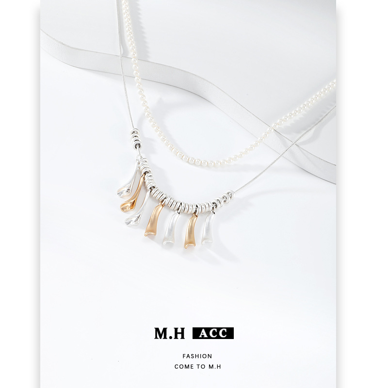 European and American exaggerated pearl necklace accessories for women's summer new double-layer overlapping collarbone chain original niche trendy necklaces Specification drawing