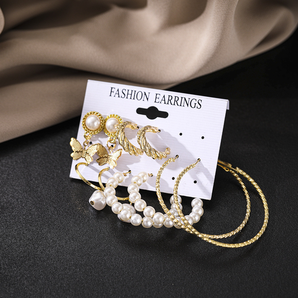 Cross-border circle ear ring creative retro pearl ring earrings set of 5 pieces acrylic butterfly pendant earrings Application Scenario