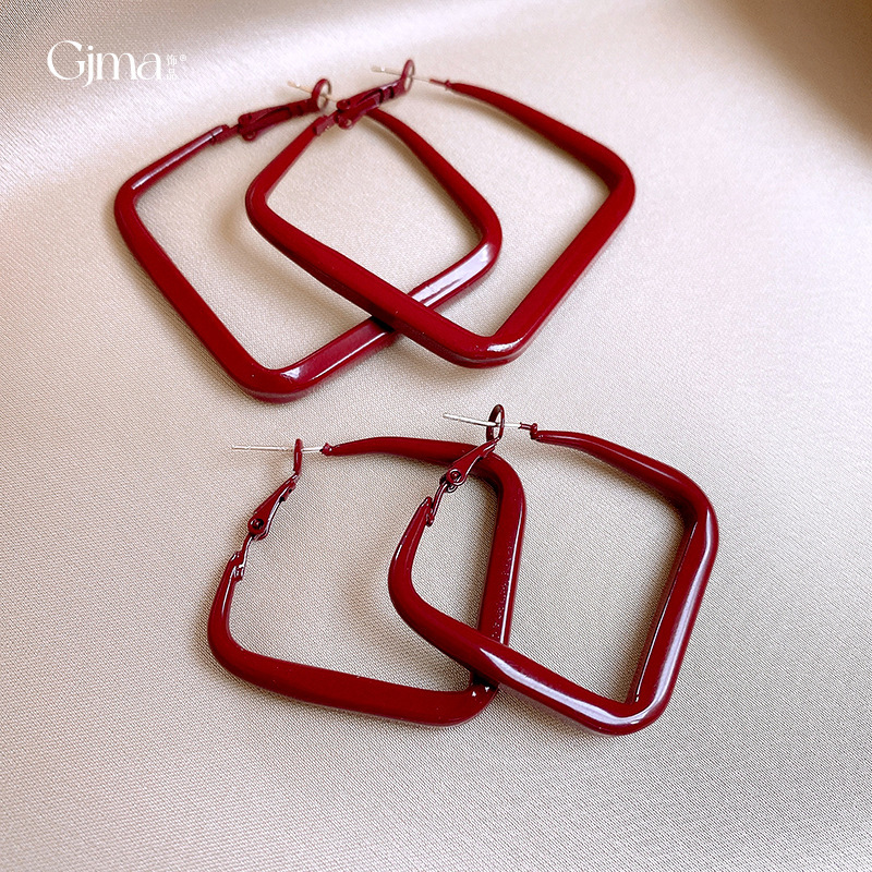 Ankela red square geometric earrings, European and American fashion high-end ear rings, Hong Kong style retro earrings wholesale Specification drawing