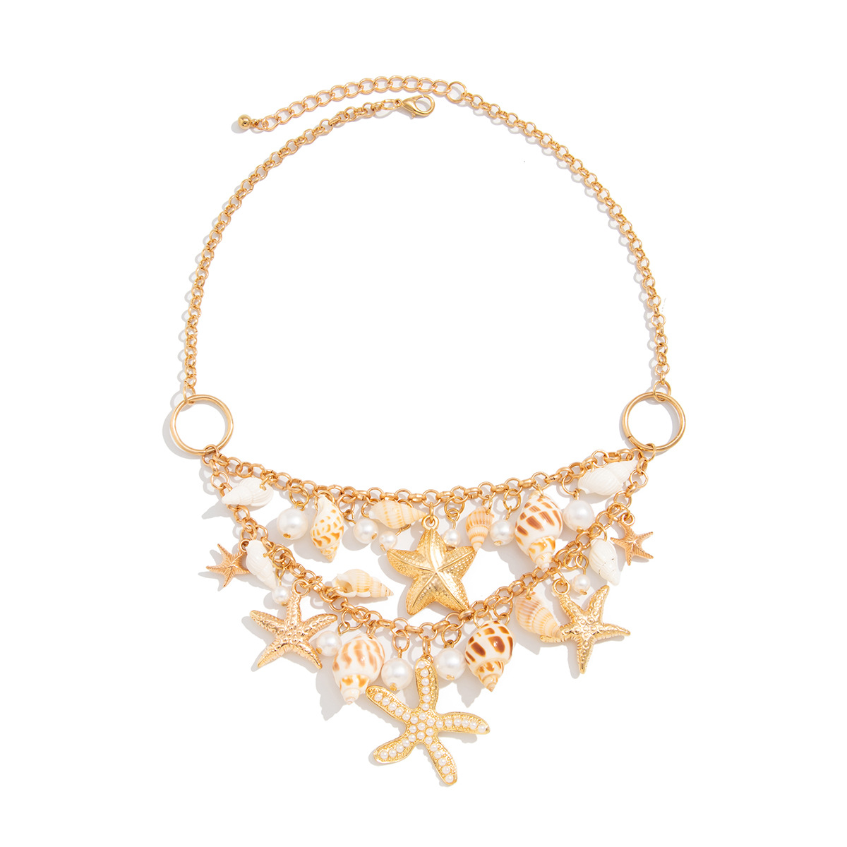 European and American cross-border jewelry Bohemian beach shell alloy necklace, starfish and conch pendant, collarbone chain set Item Picture