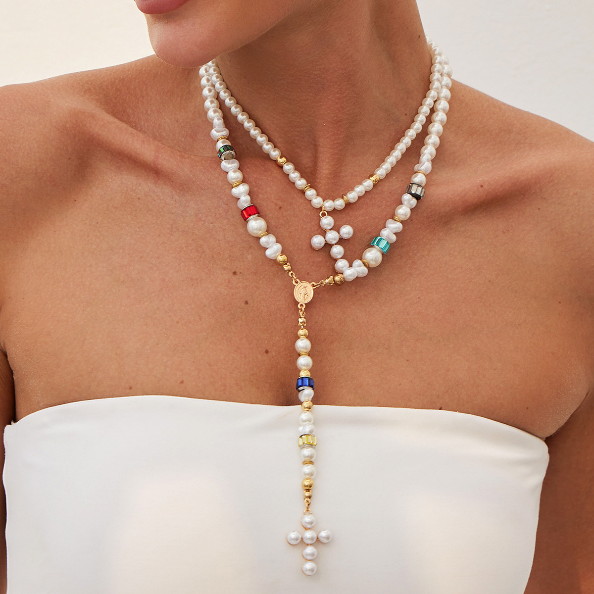 A 2-piece cross-border jewelry set from Europe and America, featuring a cross pearl necklace. It is a simple and unique handcrafted beaded necklace for women full figure