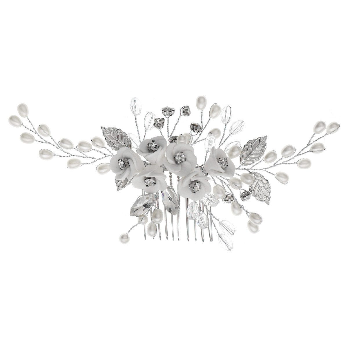New cross-border handcrafted bride's hair comb, high-end wedding dress, headwear and hair accessories, white soft terracotta flower bride's comb Item Picture