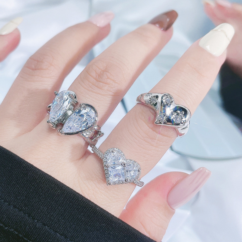 Sweet and cool, light luxury, heart-shaped zircon open ring, elegant and sophisticated, simple and individual, trendy index finger ring accessories Specification drawing