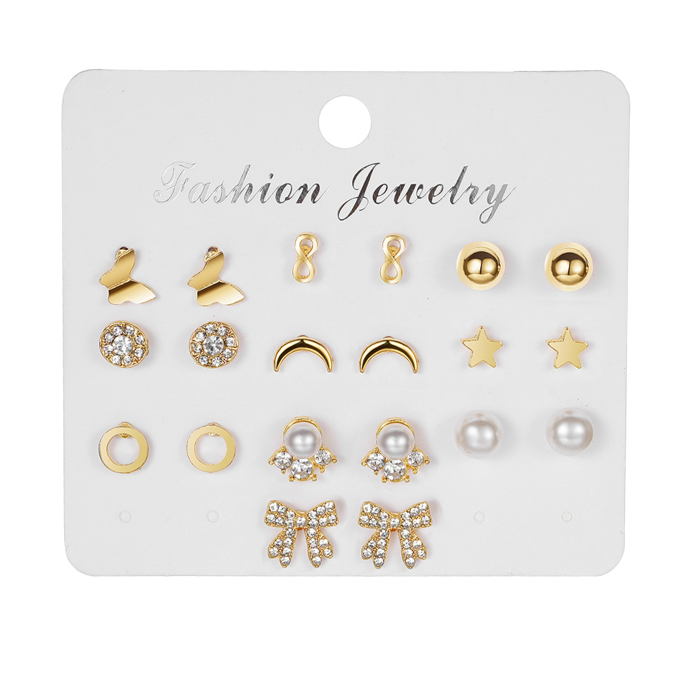 Wholesale of 10 pairs of trendy Korean-style accessories, including star and moon earrings, bow and diamond-encrusted earrings Specification drawing