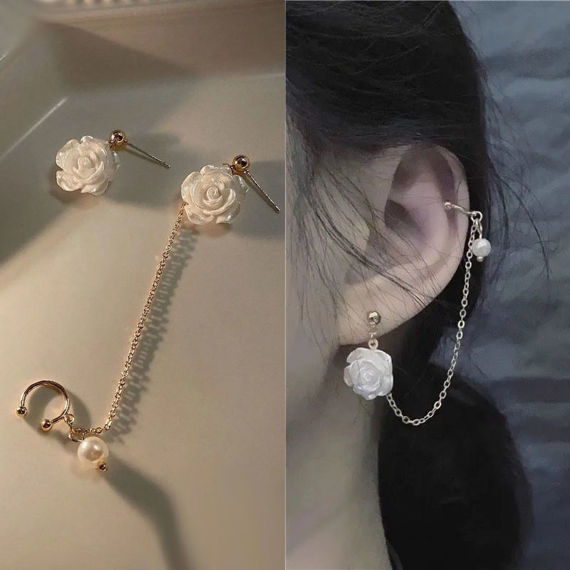 2025 New trendy white rose asymmetrical ear bone clamp one-piece earrings, retro court-style fairy tassel earrings full figure