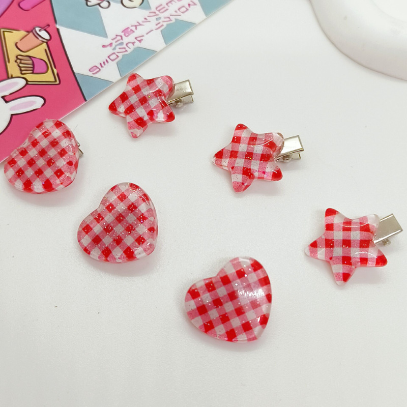 Ins-style red checkered heart-shaped five-pointed star duckbill clip, sweet and versatile, broken hair bangs clip, side clip hairpin headwear full figure