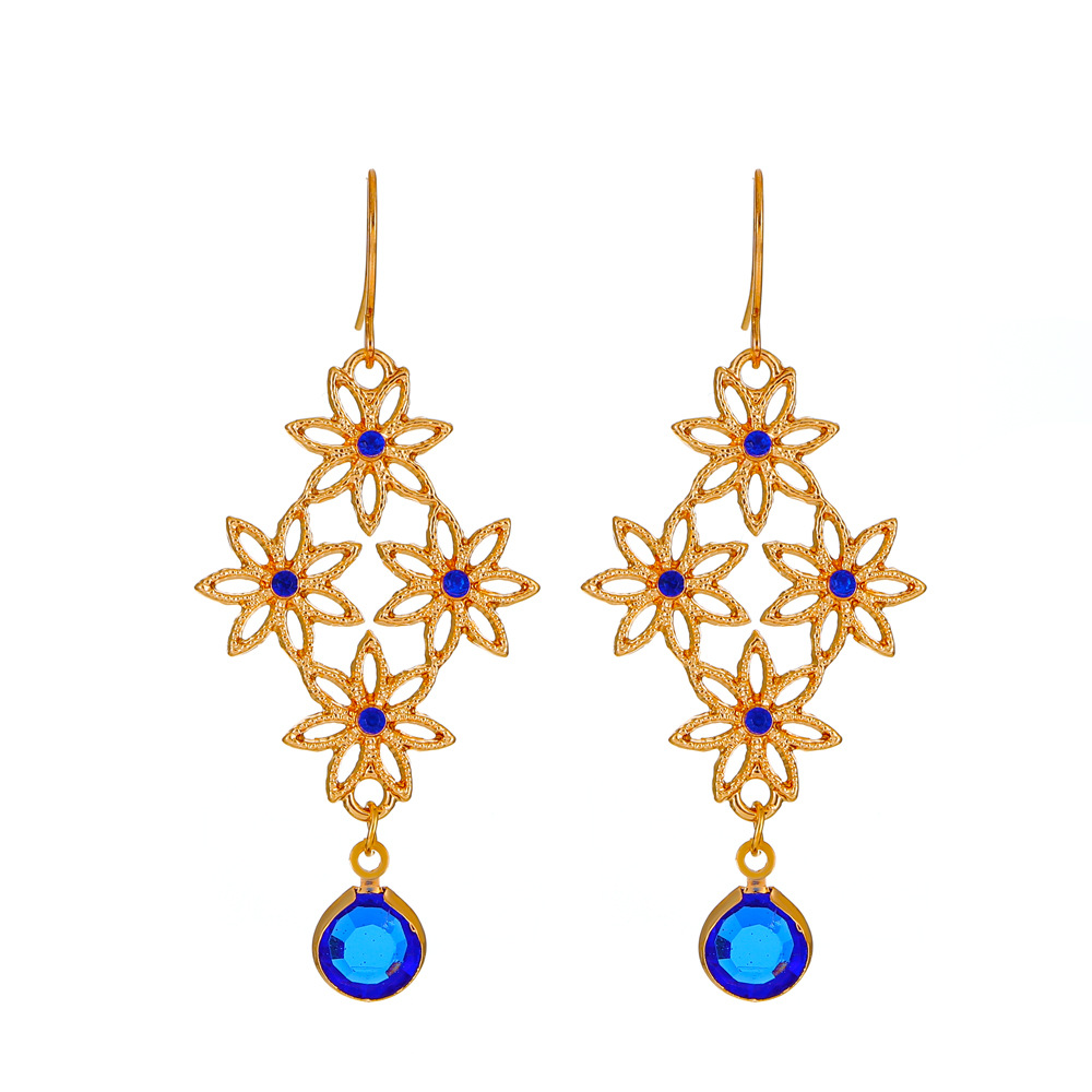 European and American ins retro creative hollowed-out flower earrings, Bohemian ethnic style blue diamond-encrusted rhombus-shaped earrings for women Item Picture