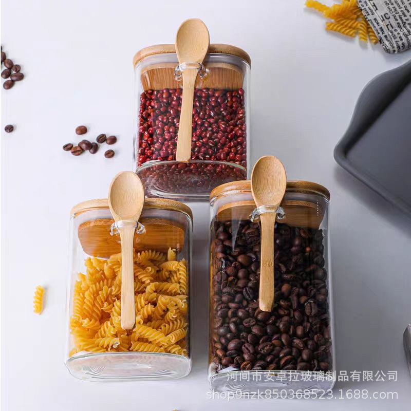 Customized square glass sealed jars, large-capacity storage jars with spoons, kitchen condiments, food storage, and tea cans Specification drawing