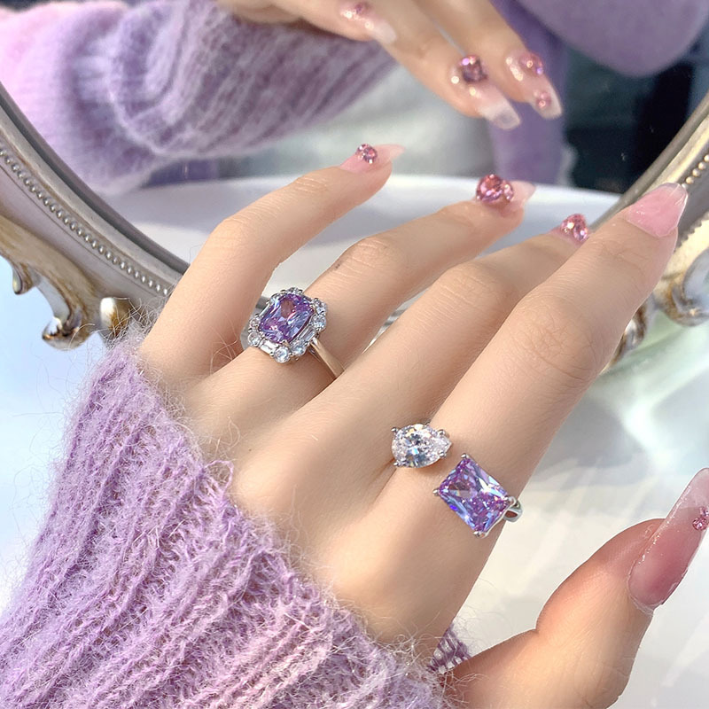 ins Cold and romantic, gentle purple diamond zircon open ring for women, a unique, sweet and cool, individual and exquisite ring full figure