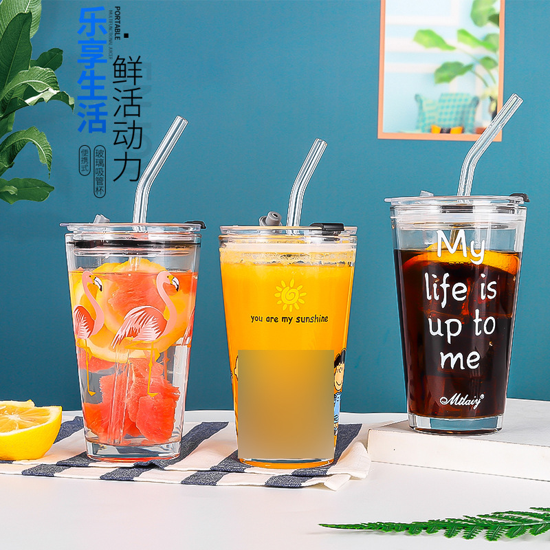 Internet-famous glass straw water cup, milk tea cup, hot water cartoon cola juice cup, Douyin graffiti glass cup details Picture