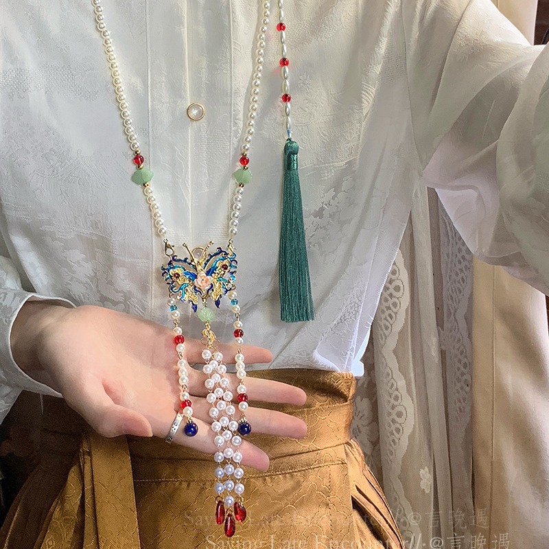 Hanfu ancient-style accessories, extended imitation pearl necklace, court retro necklace, Song-style blue glazed pendant for women full figure