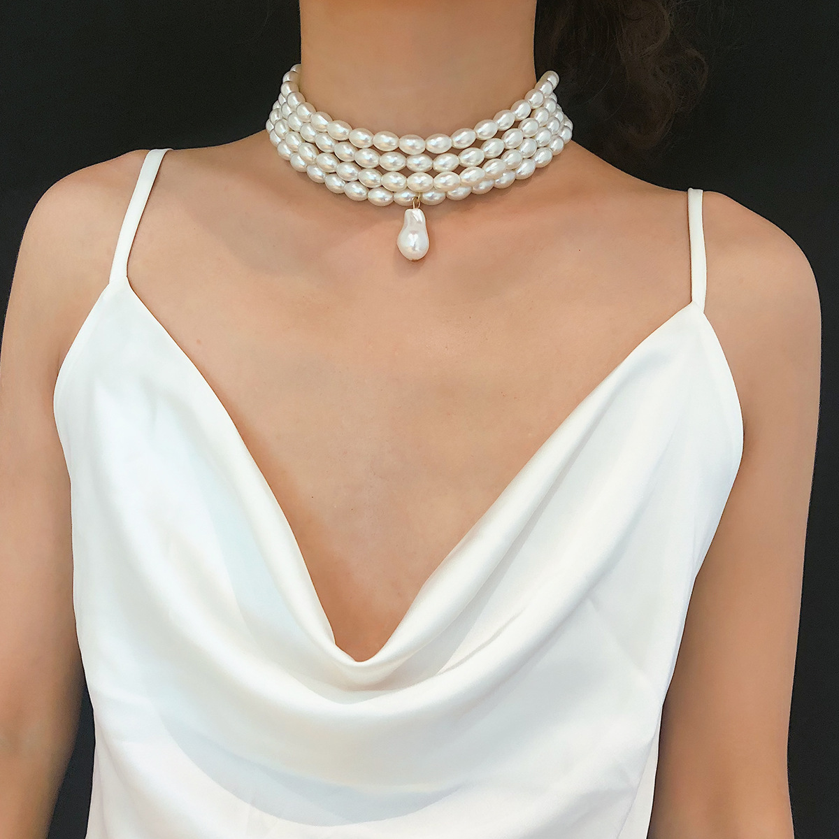 European and American cross-border jewelry, personalized and fashionable geometric beaded necklace, simple multi-layer pearl irregular-shaped pendant necklace for women Specification drawing