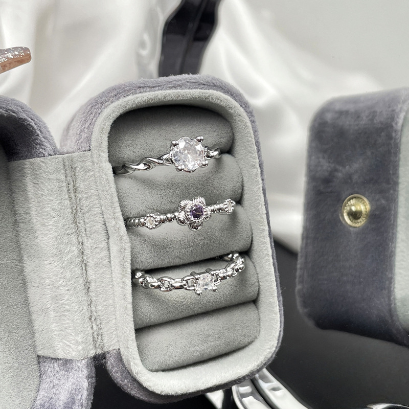 Minimalist purple diamond flower-opening ring for women, an Instagram niche design, small chain single diamond, elegant and high-end ring details Picture