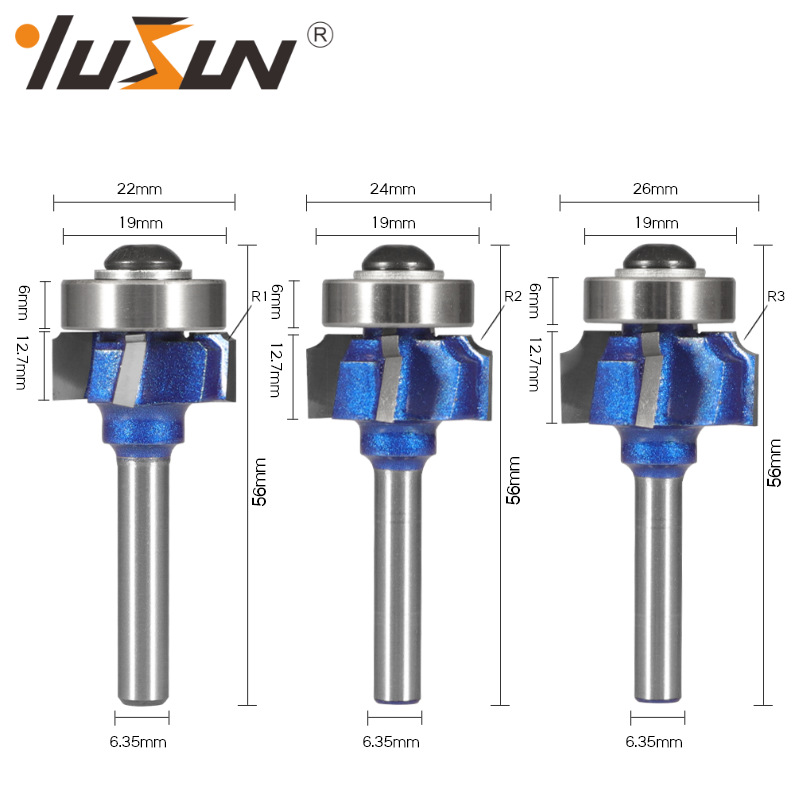 Yusheng professional-grade four-edge rounded corner cutter, edge banding cutter, paint blue woodworking milling cutter, 4-tooth R chamfering arc trimming cutter Specification drawing