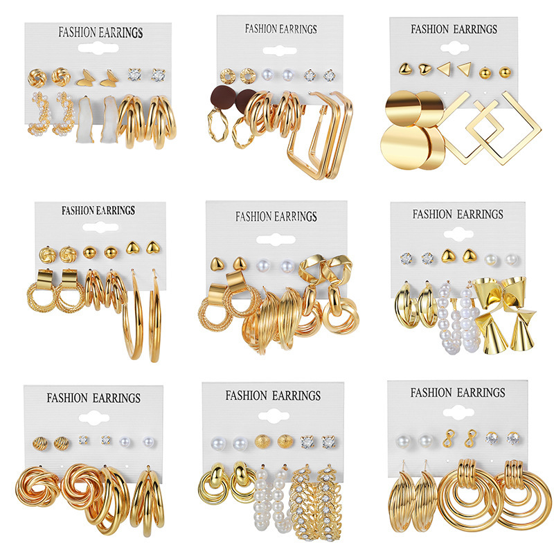 A 6-piece set of European and American cross-border alloy earring square geometric earrings, retro pearl card earrings and earrings full figure