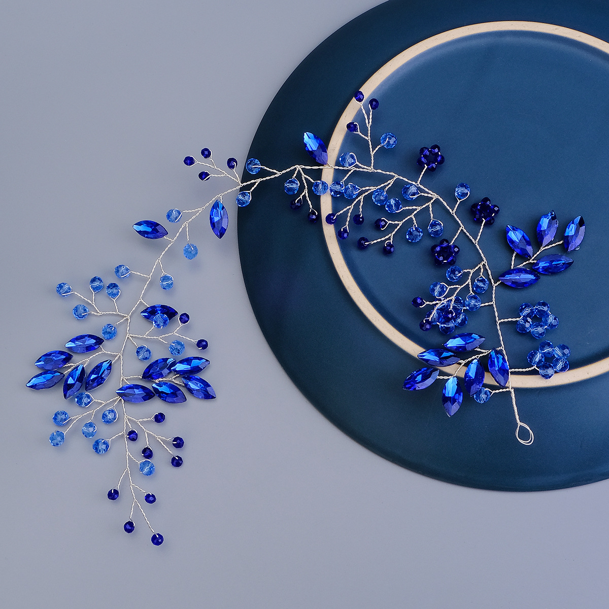New blue rhinestone bridal headband from Europe and America, hand-beaded wedding headwear, beautiful updo hair accessory, crystal headband details Picture