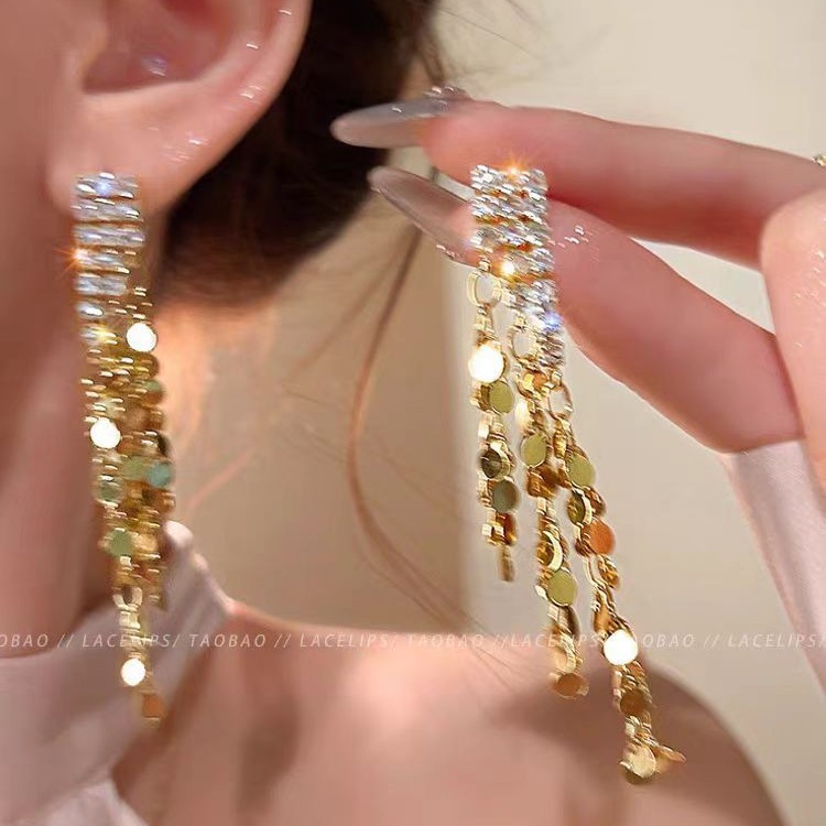 Long tassel gold sequined zircon stud earrings for women 2025 new bestseller, light luxury and high-end style earrings, exaggerated earrings Specification drawing