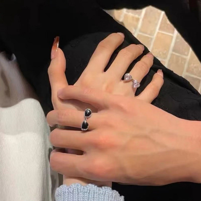Sunglasses ring, heart-shaped pink diamond, zircon opening, simple and cold style, individual and fashionable student couple ring, index finger ring Specification drawing