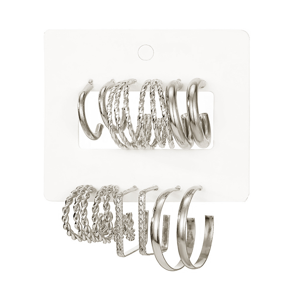 Wholesale of 6-piece set of C-shaped geometric diamond-encrusted alloy metal earrings with a cross-border style from Europe and America Item Picture