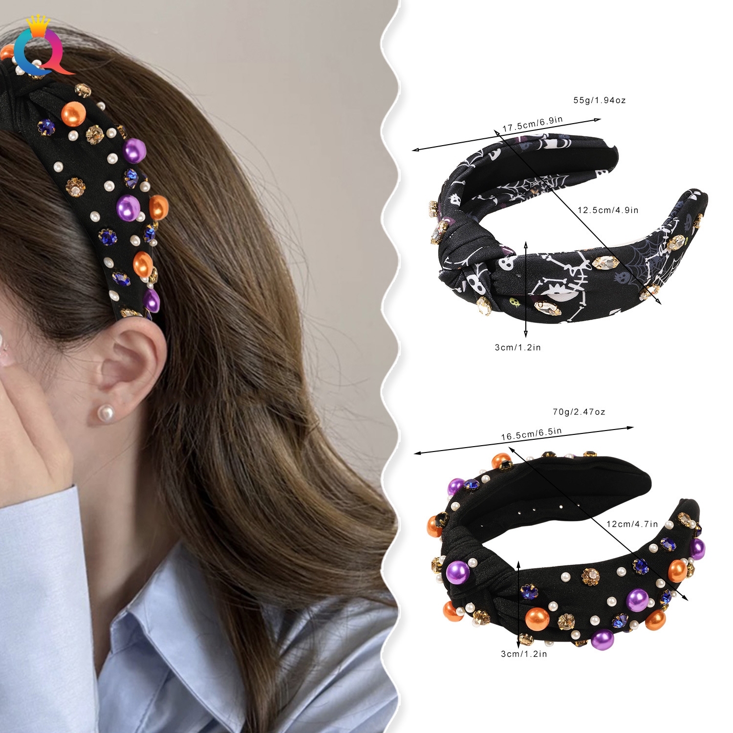 Qiyue Cross-border Halloween Hairband with diamond and pearl headband, Girls' High skull top hairpin, Scary hair hole Accessories wholesale details Picture